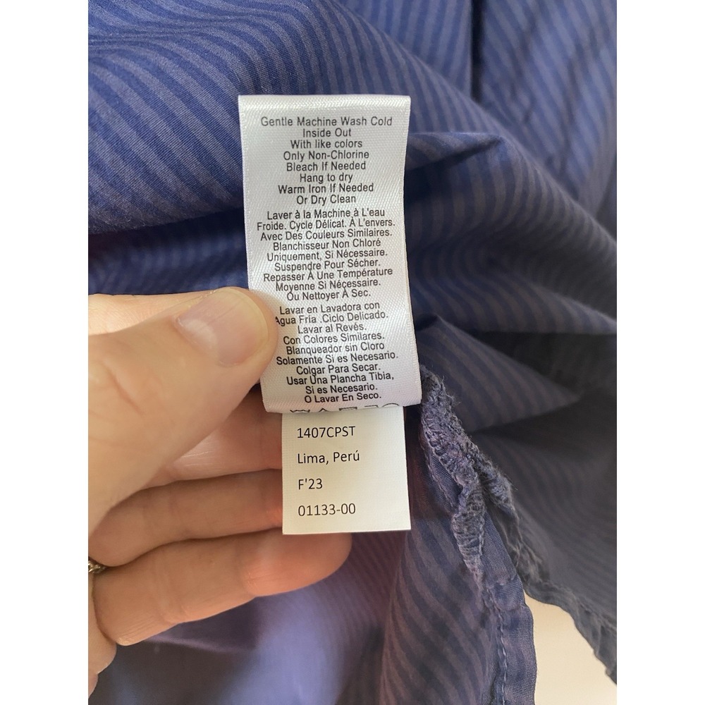 NATION LTD Estelle Poplin Peasant Blouse SMALL Blue Striped Pima Smocked Cuff - Picture 7 of 7